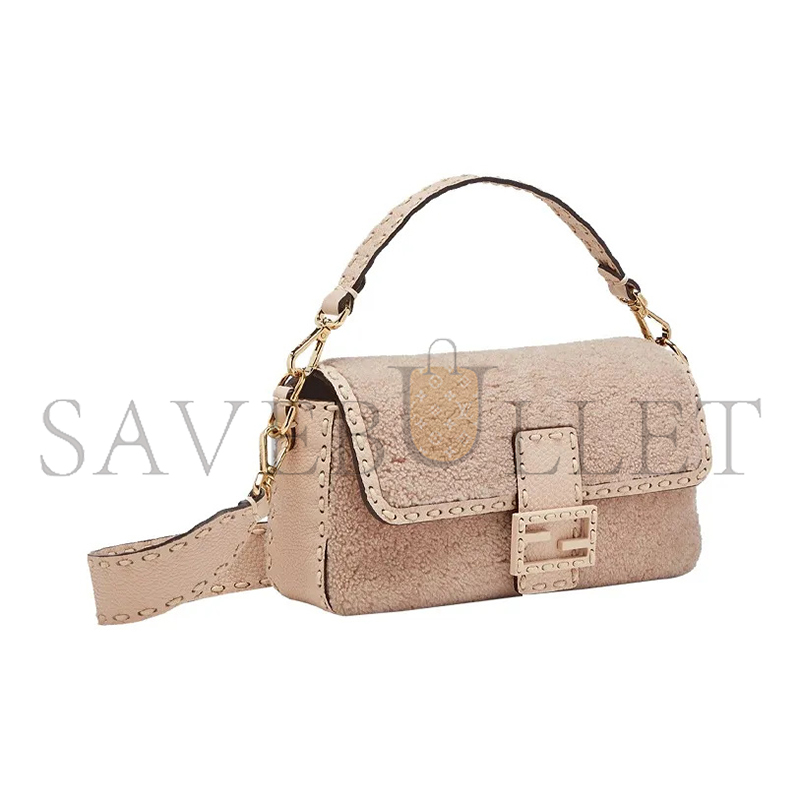 FENDI BAGUETTE NM BAG SHEARLING WITH STITCHED LEATHER MEDIUM PINK 8BR600AH96F1F7N (27*15*6cm)
